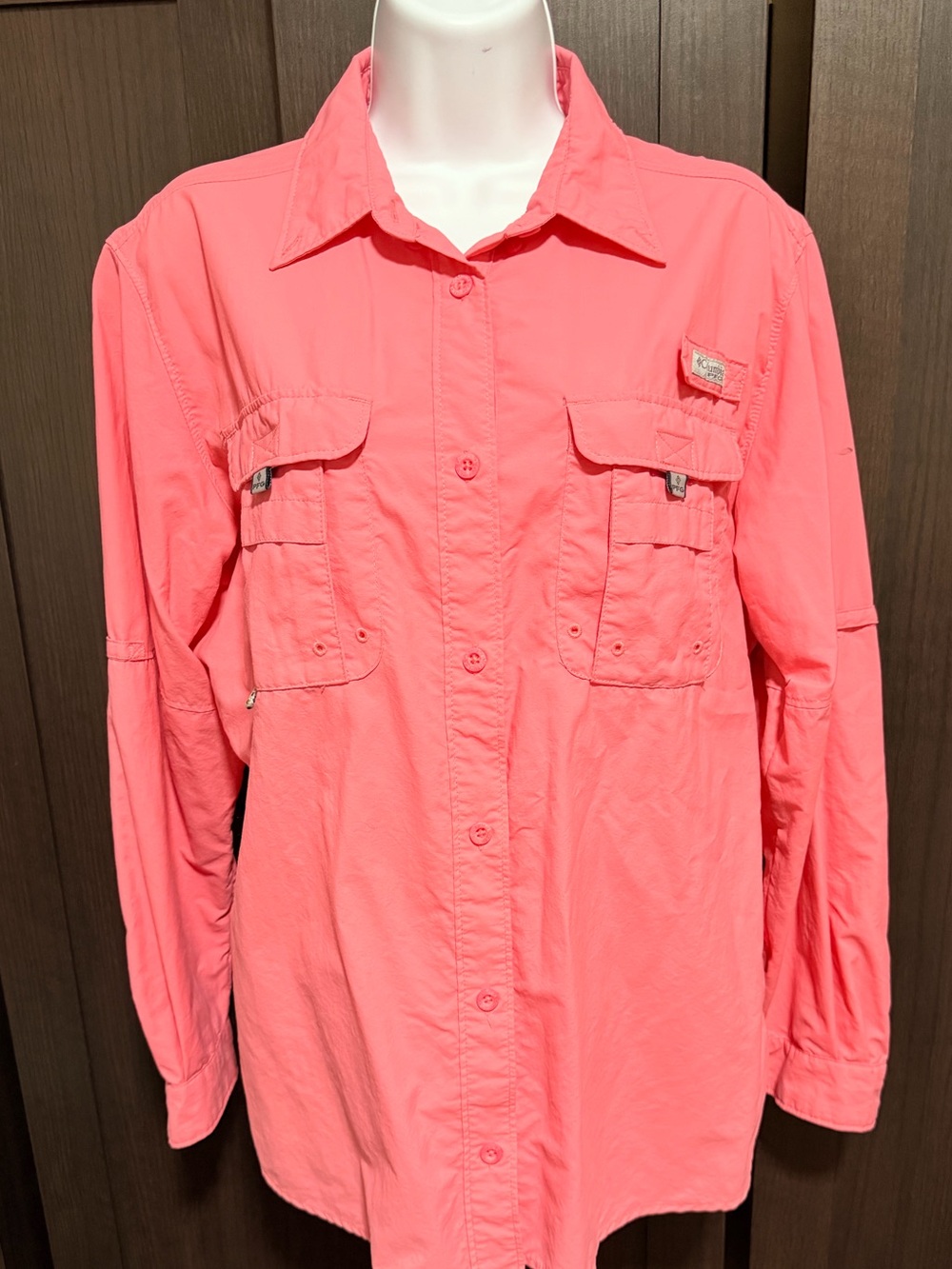 Columbia Womens Pink Solid Button-Up Fishing Shirt Long Sleeve L Vent Pockets